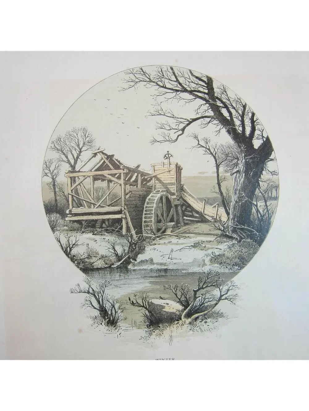 Antique 1870s Engraving Print from The Aldine Old Mill in Winter Scene & Poem